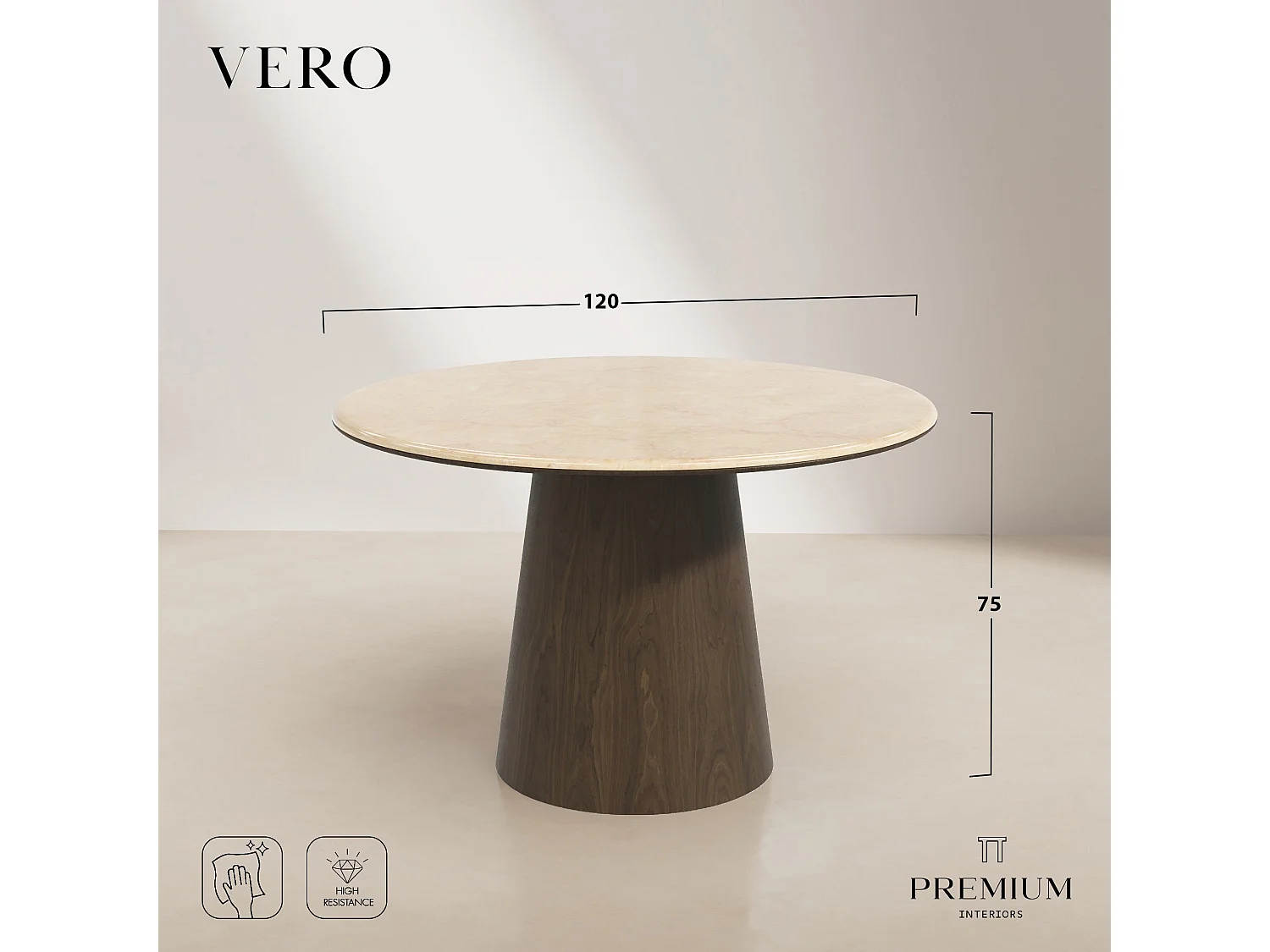 Table à manger VERO en bois contreplaqué et marbre marbre noir et bois noir 120x120cm