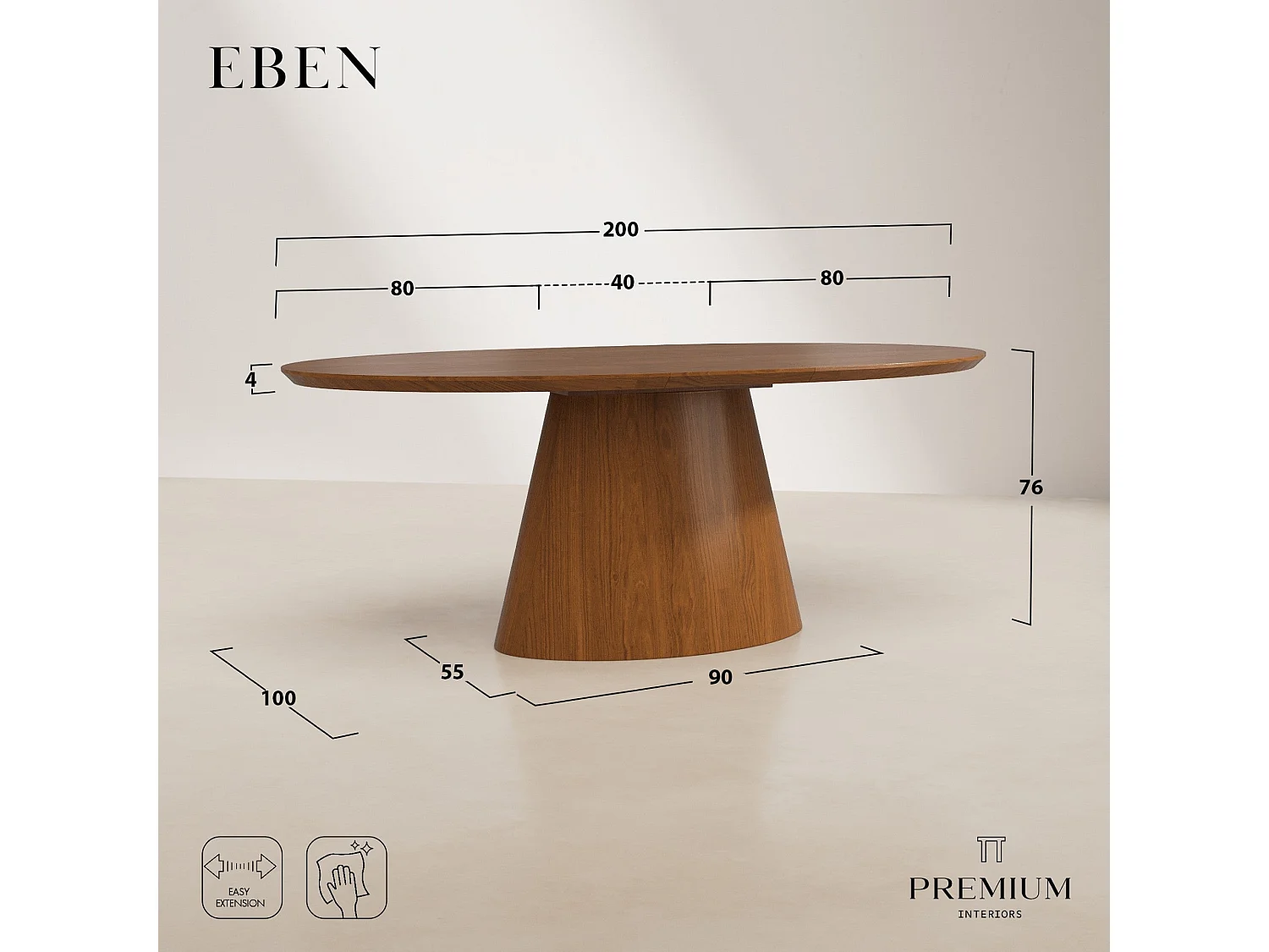 Table à manger extensible EBEN en bois contreplaqué noyer clair 200x100cm