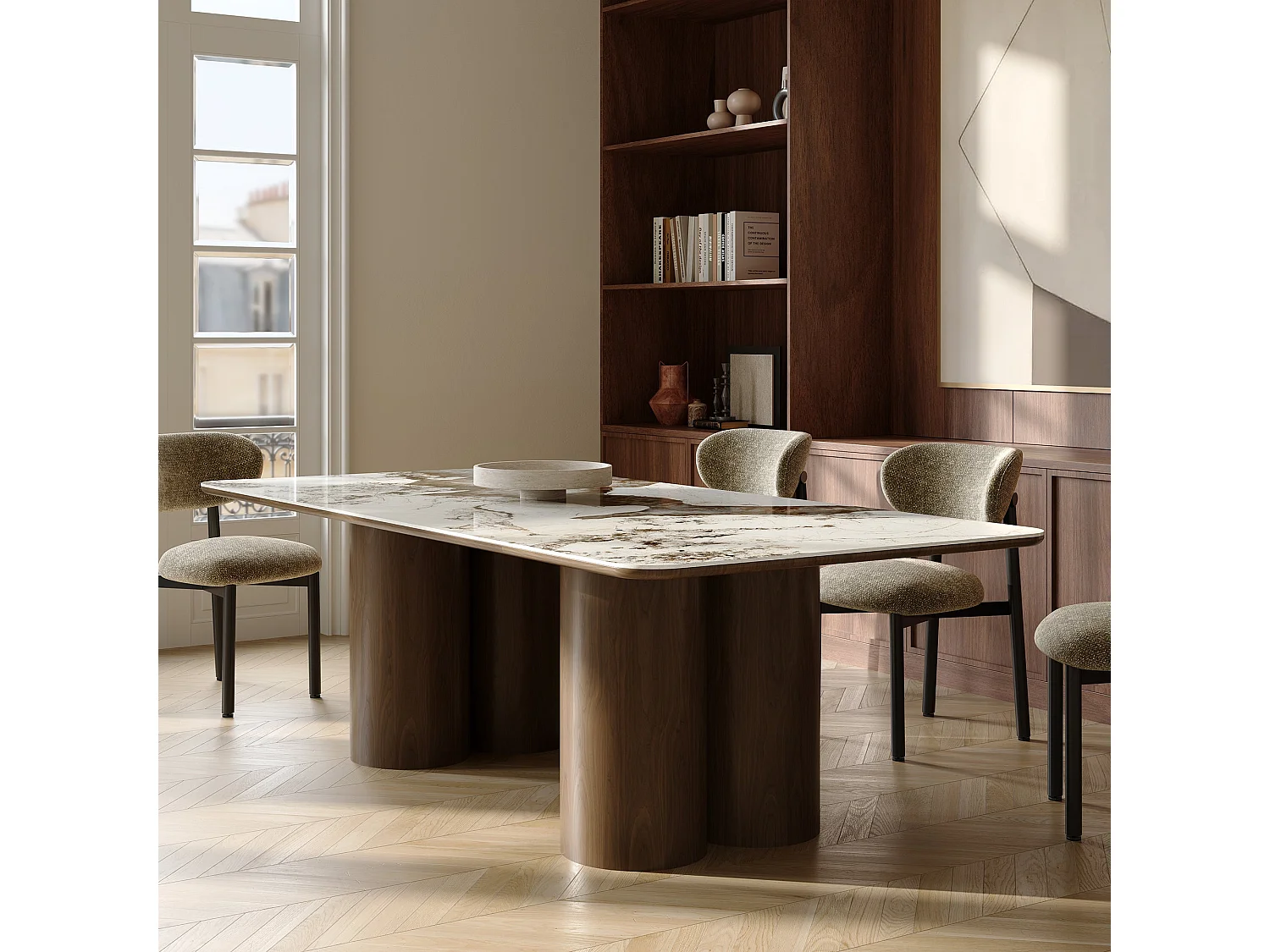 Table à manger PYLE en bois contreplaqué et céramique noyer foncé 240x110cm