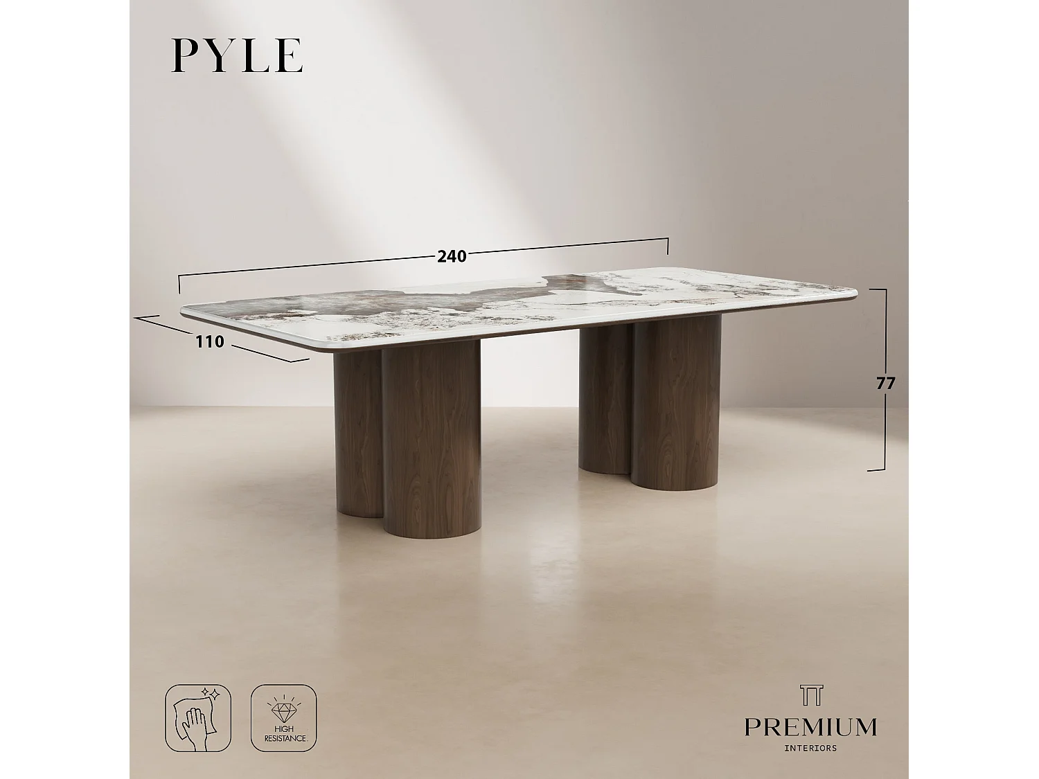 Table à manger PYLE en bois contreplaqué et céramique noyer foncé 240x110cm