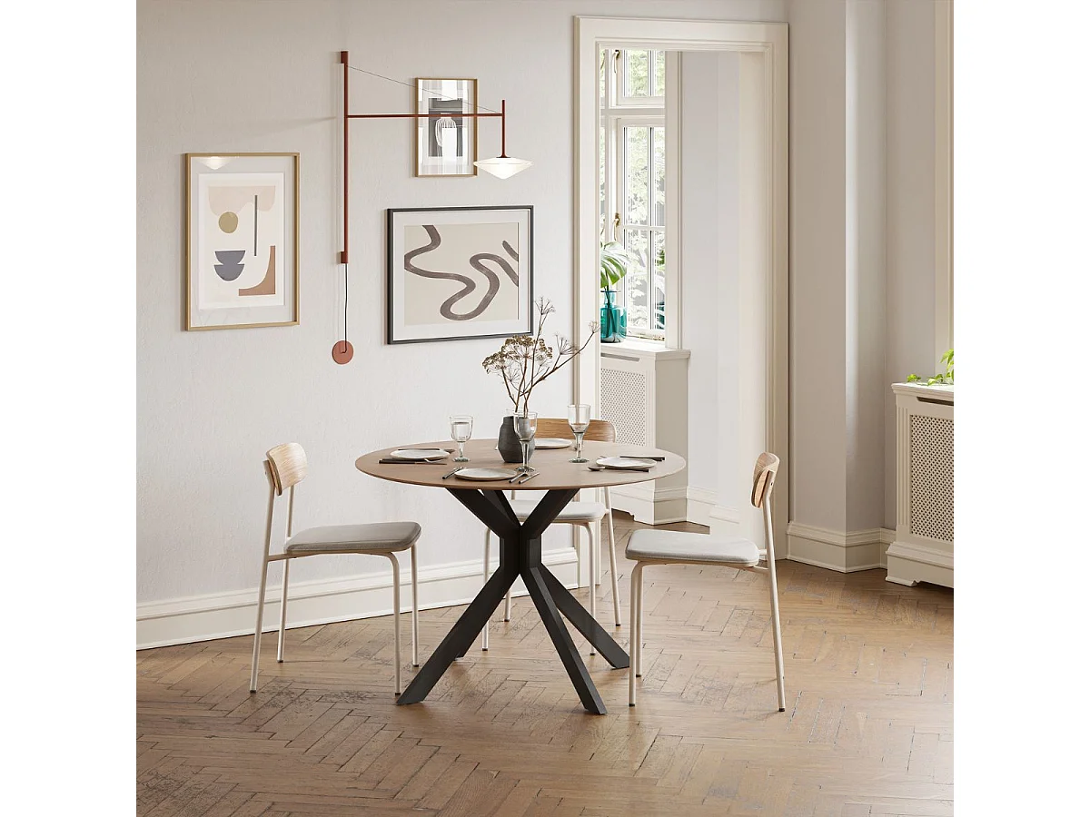 Table ronde pliable demi-lune MDF placage naturel pieds croisés métal noir - VIANA
