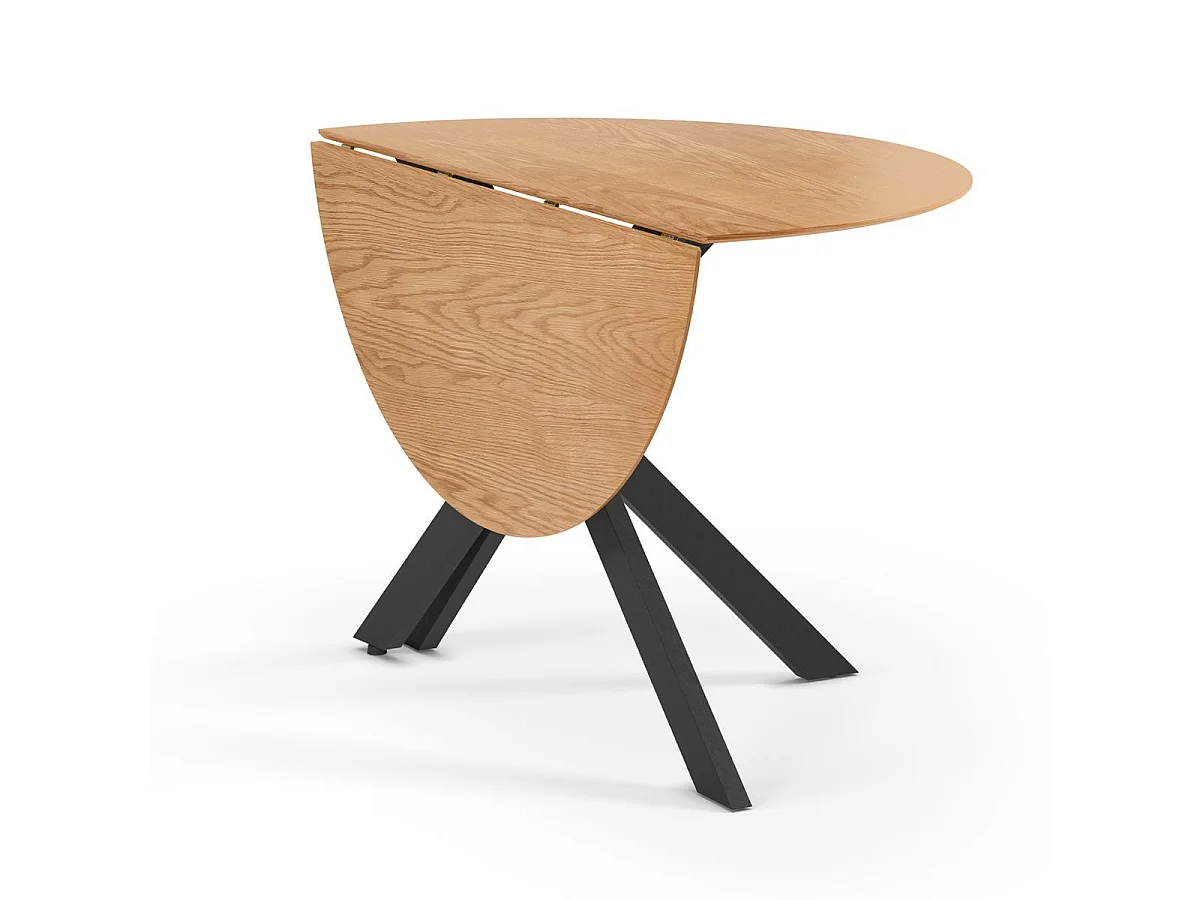 Table ronde pliable demi-lune MDF placage naturel pieds croisés métal noir - VIANA