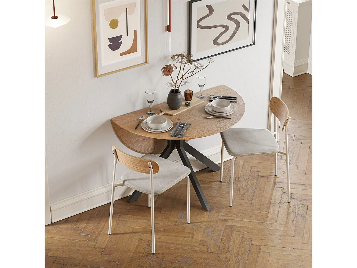 Table ronde pliable demi-lune MDF placage naturel pieds croisés métal noir - VIANA