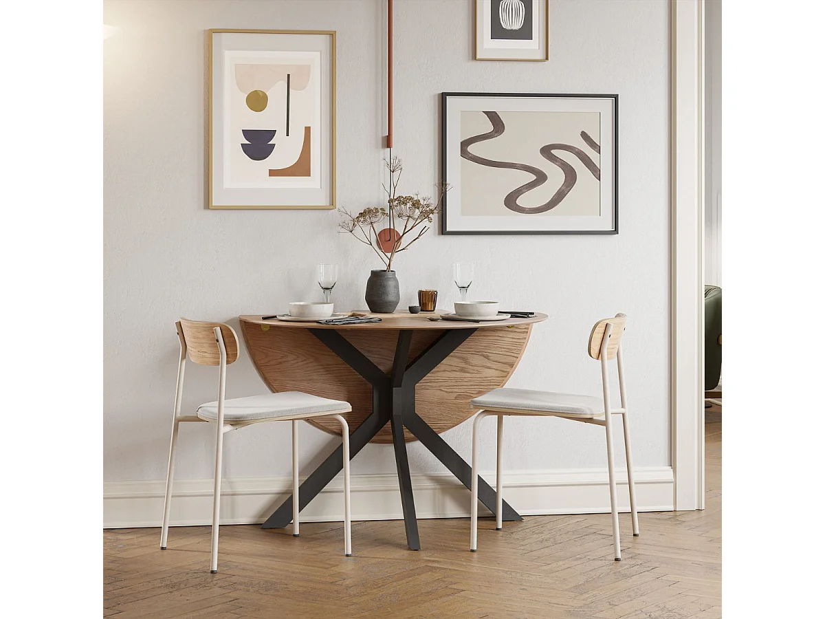 Table ronde pliable demi-lune MDF placage naturel pieds croisés métal noir - VIANA
