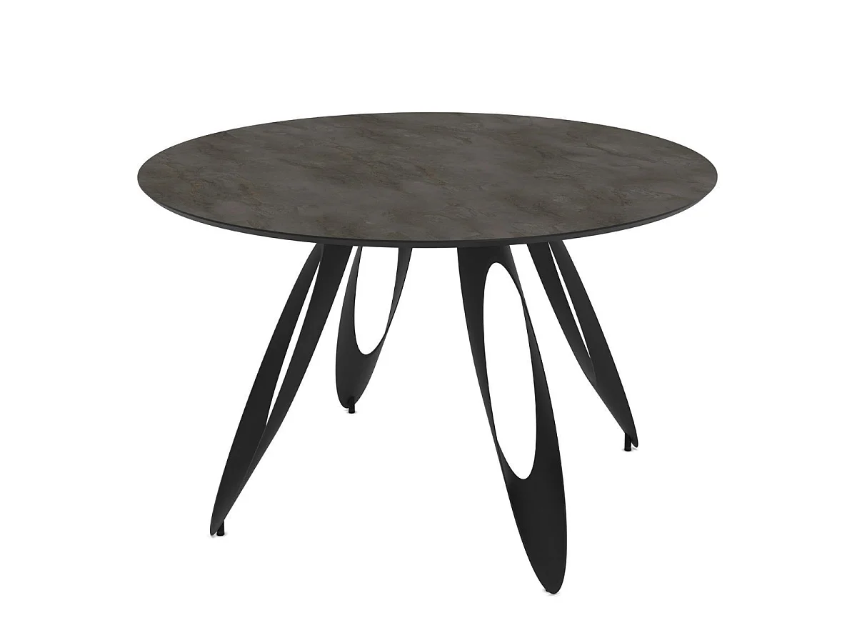 Table repas ronde Ø130cm plateau aspect minéral anthracite pieds design métal noir - ONARYS