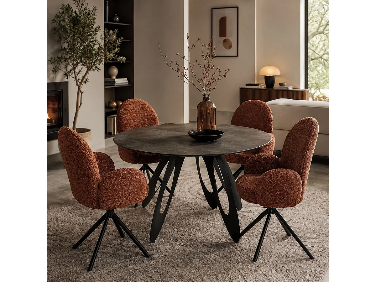 Table repas ronde Ø130cm plateau aspect minéral anthracite pieds design métal noir - ONARYS
