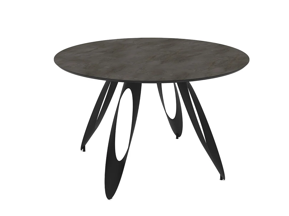 Table repas ronde Ø130cm plateau aspect minéral anthracite pieds design métal noir - ONARYS