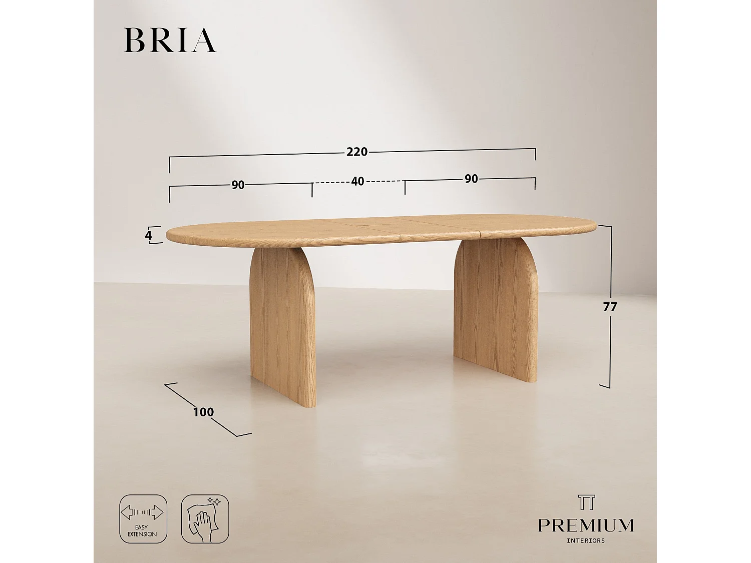 Table à manger extensible BRIA en bois contreplaqué chêne clair 220x100cm