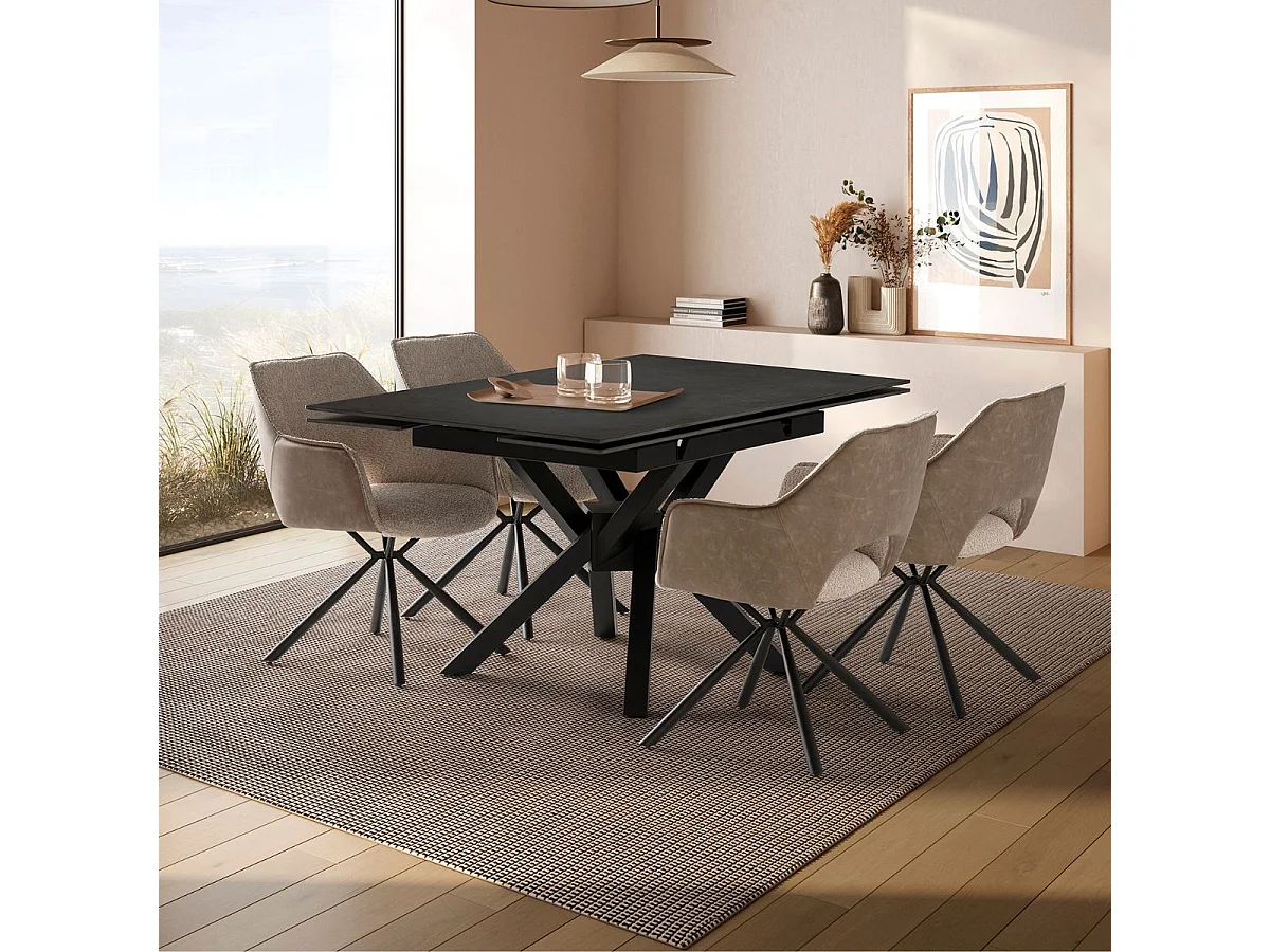 Table repas extensible pierre frittée anthracite pieds croisés métal noir - ARIETTE
