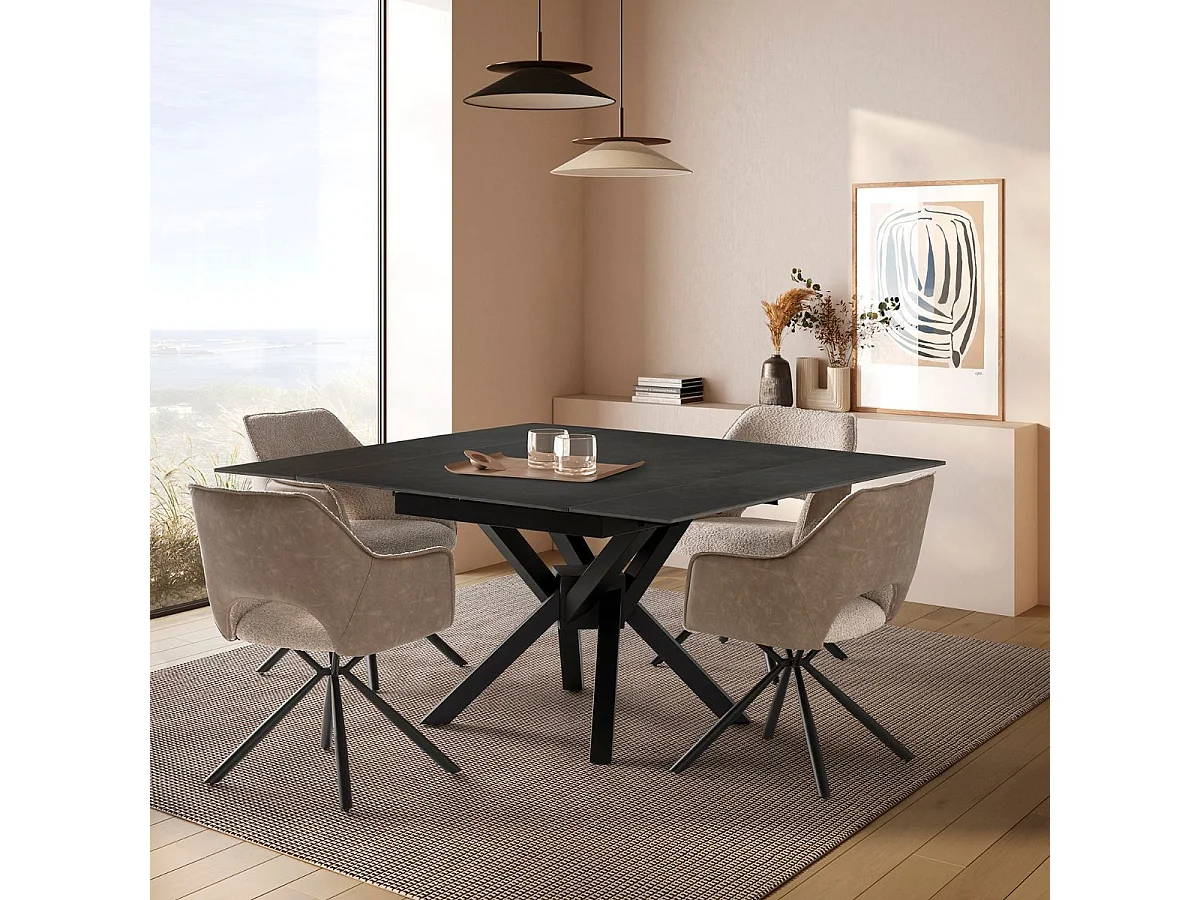 Table repas extensible pierre frittée anthracite pieds croisés métal noir - ARIETTE