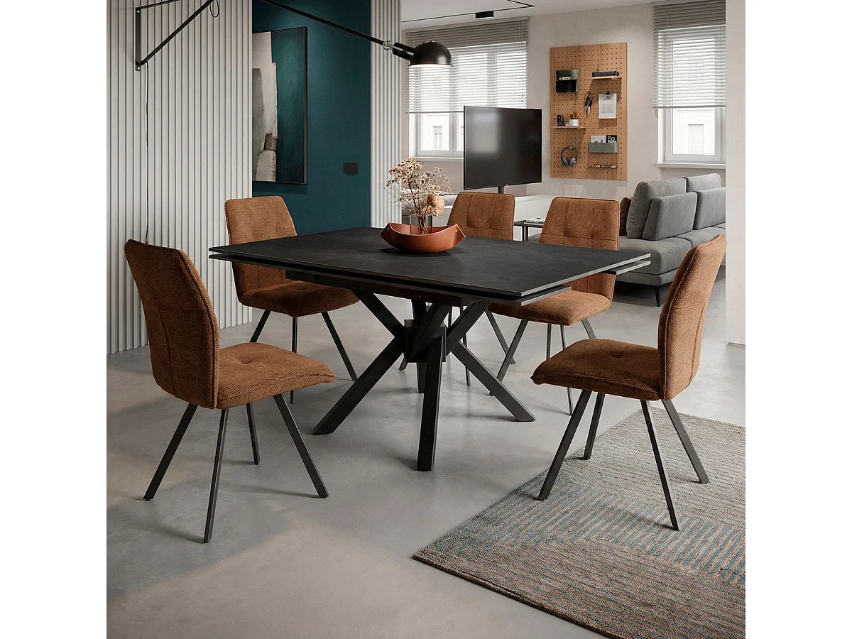 Table repas extensible pierre frittée anthracite pieds croisés métal noir - ARIETTE