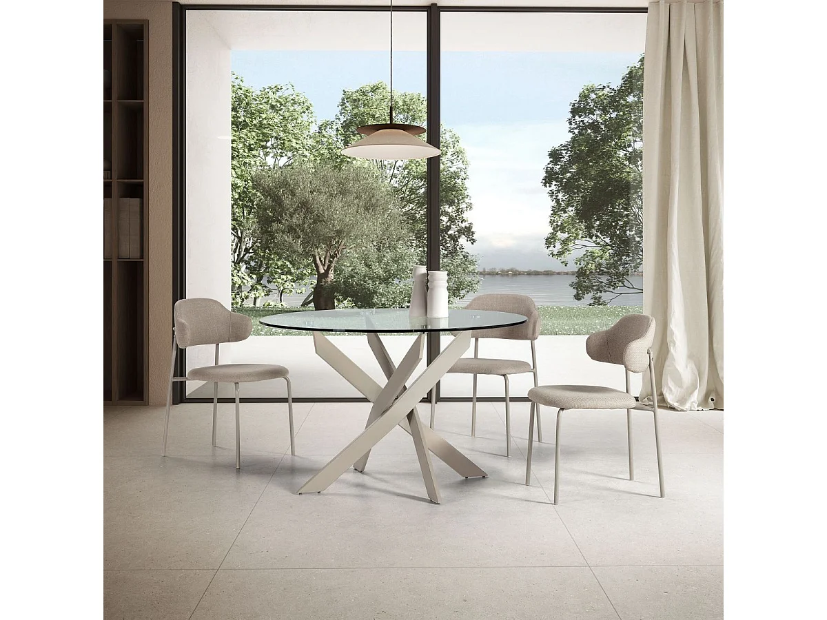Table ronde Ø120cm pieds métal crème et plateau en verre - RITHA