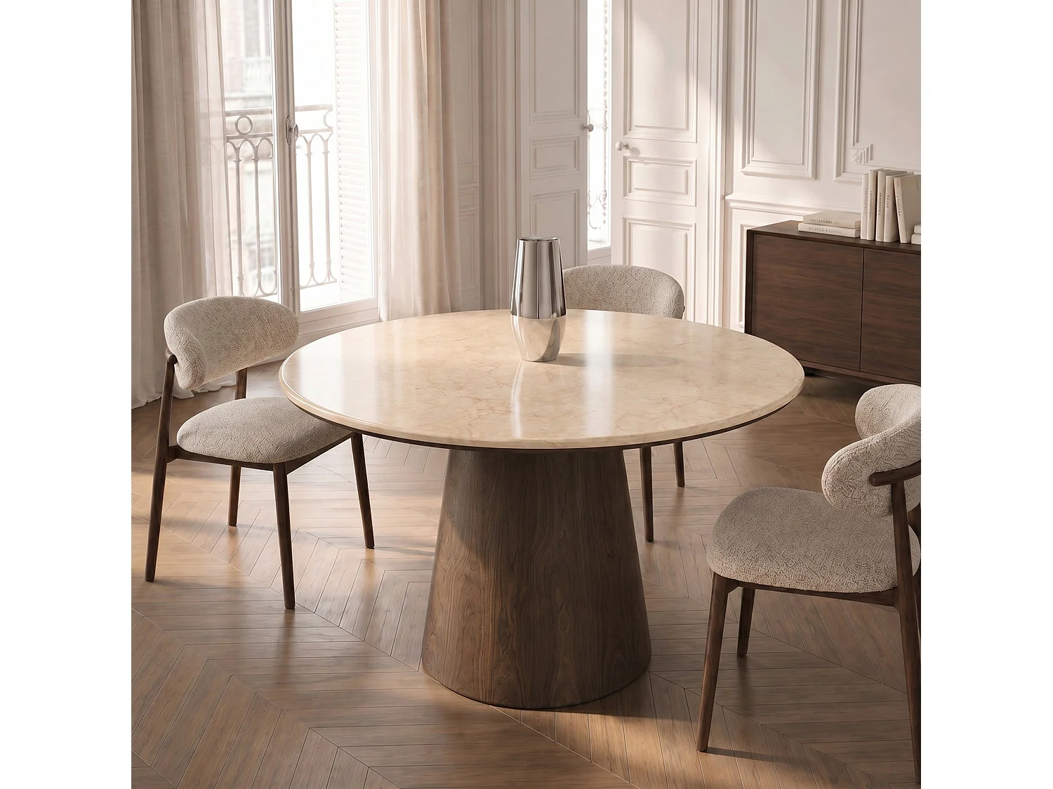 Table à manger VERO en bois contreplaqué et marbre marbre beige et noyer foncé 120x120cm