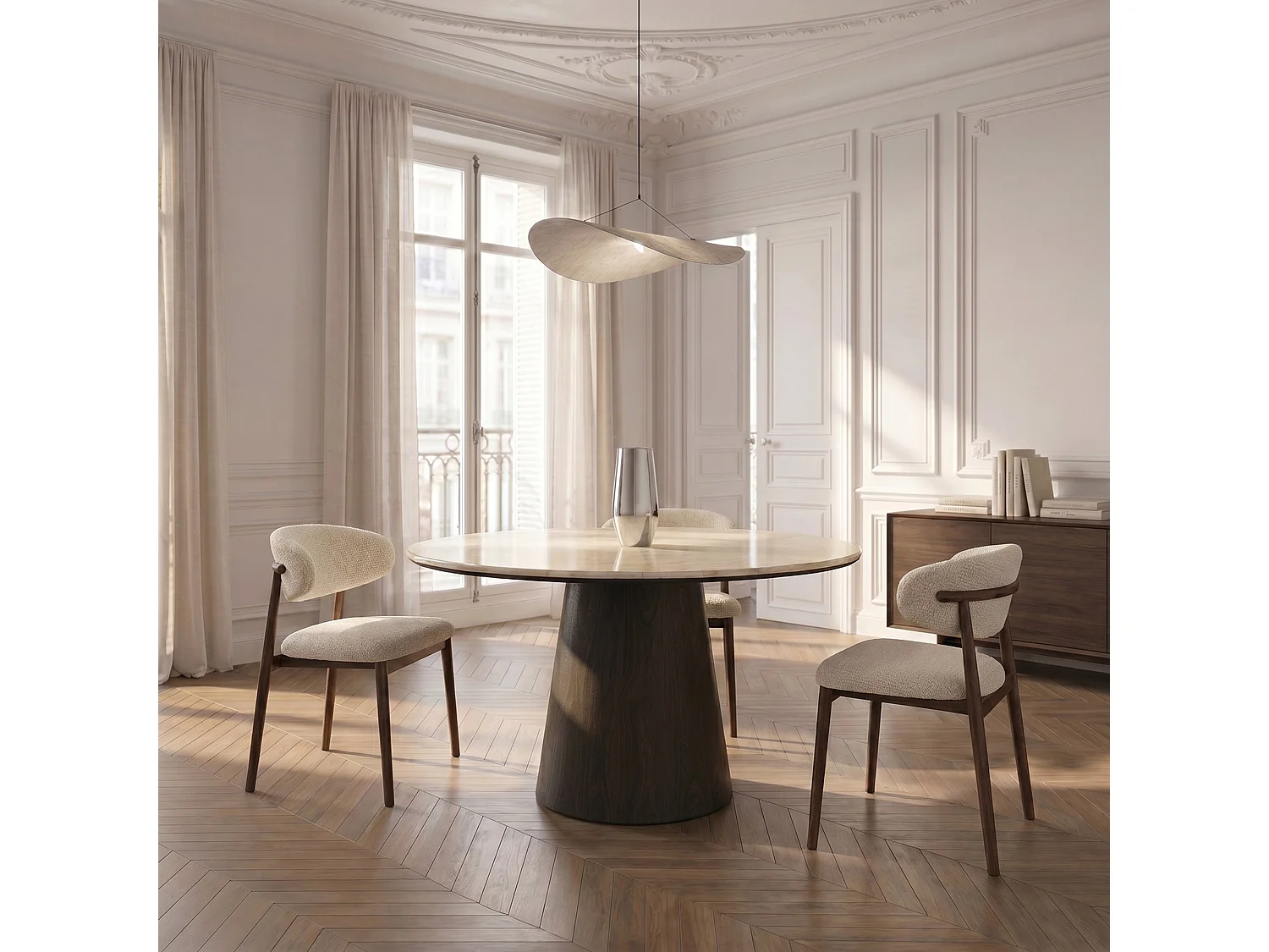 Table à manger VERO en bois contreplaqué et marbre marbre beige et noyer foncé 120x120cm