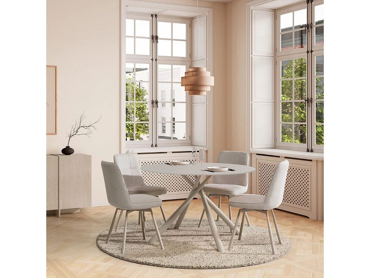 Table repas ronde Ø120cm plateau en verre trempé et pieds croisés métal crème - AXELLE