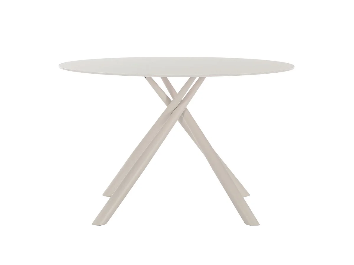 Table repas ronde Ø120cm plateau en verre trempé et pieds croisés métal crème - AXELLE