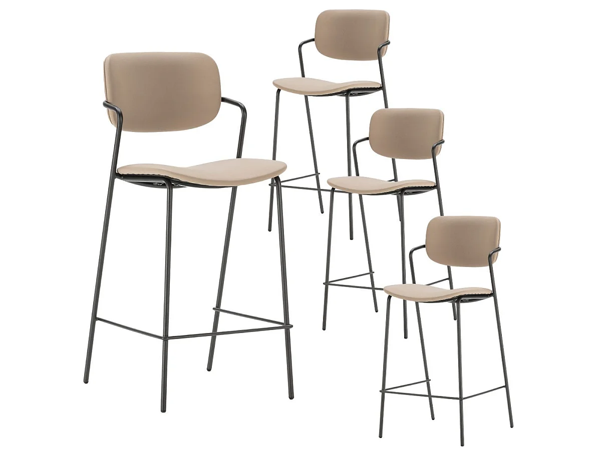 Lot de 4 tabourets de bar structure métal noir assise et dossier en PU gris bleuté - AKIMA