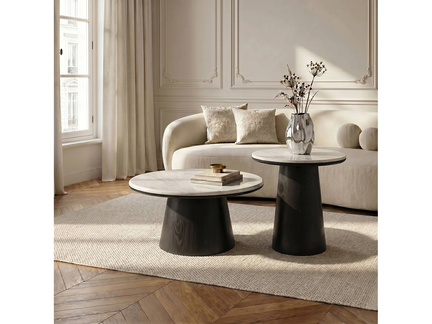 Table basse VERO en bois contreplaqué et marbre marbre blanc et bois noir