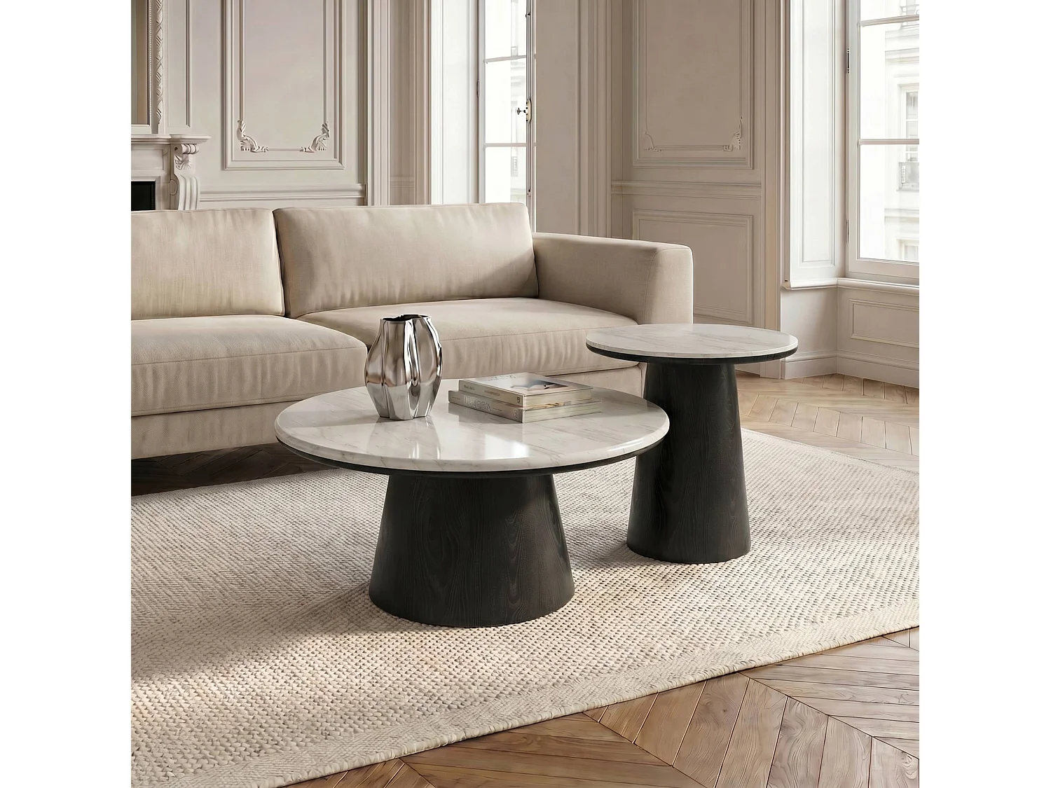 Table basse VERO en bois contreplaqué et marbre marbre blanc et bois noir