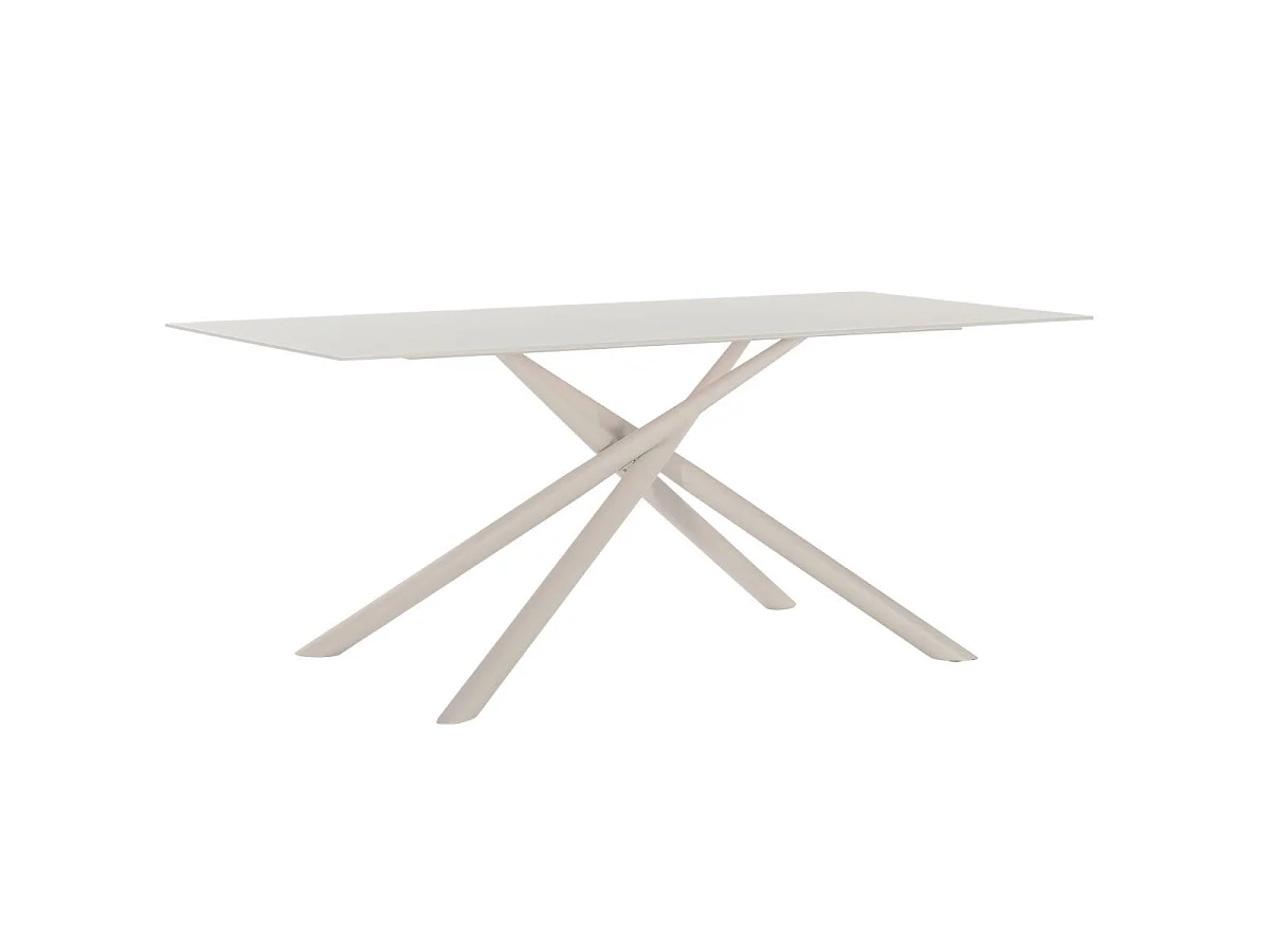 Table repas rectangulaire 180cm plateau en verre trempé et pieds croisés métal crème - AXELLE