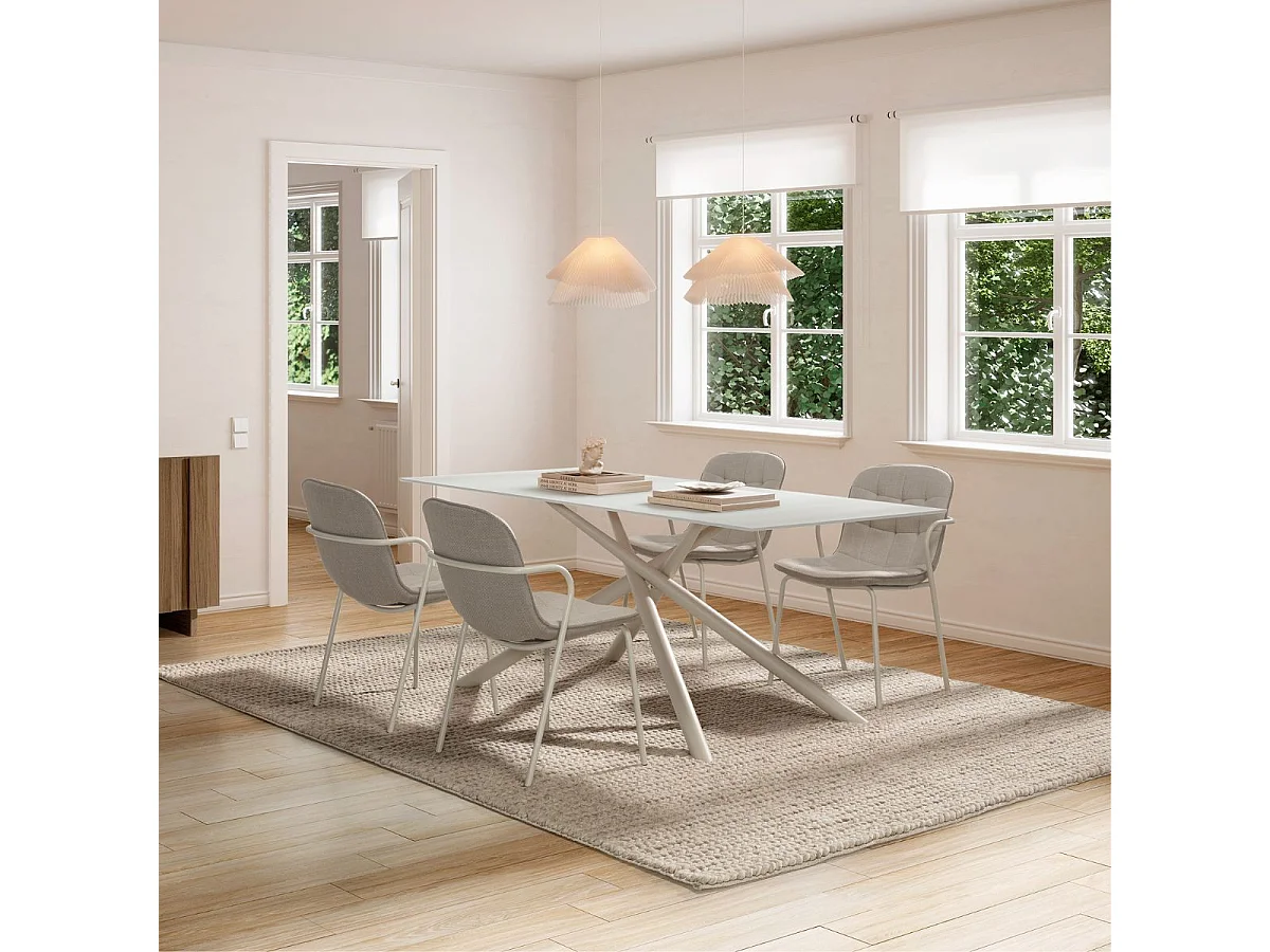 Table repas rectangulaire 180cm plateau en verre trempé et pieds croisés métal crème - AXELLE
