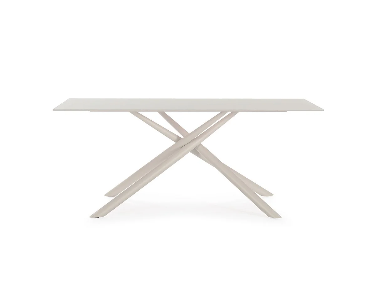 Table repas rectangulaire 180cm plateau en verre trempé et pieds croisés métal crème - AXELLE