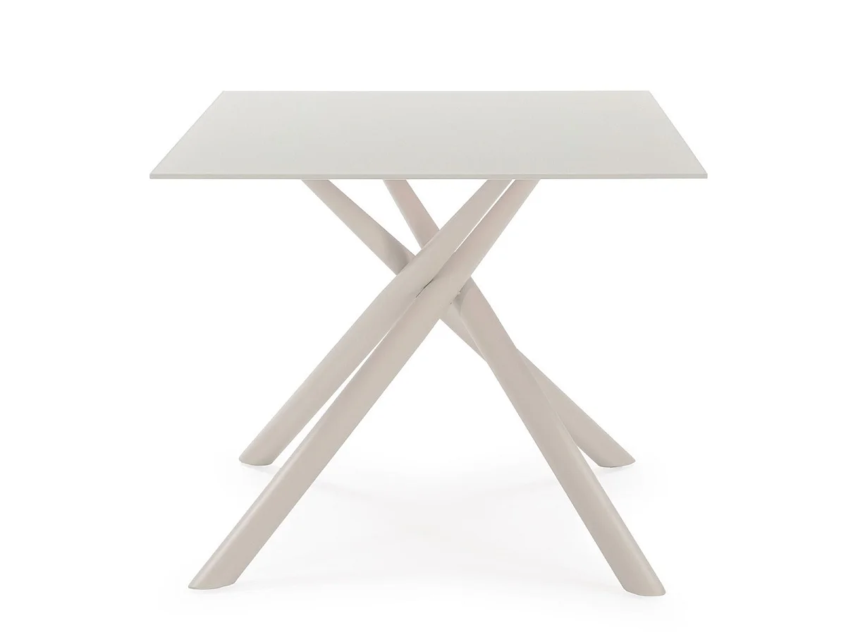 Table repas rectangulaire 180cm plateau en verre trempé et pieds croisés métal crème - AXELLE