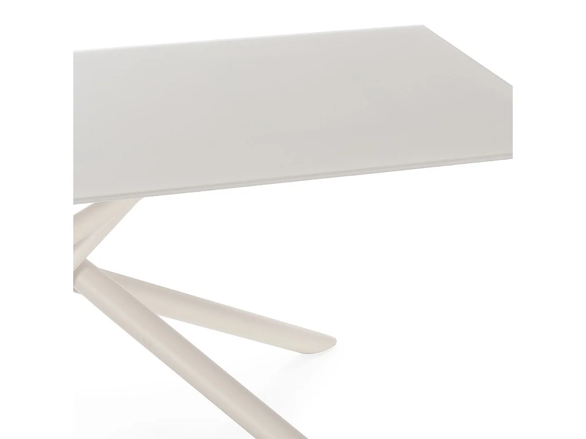 Table repas rectangulaire 180cm plateau en verre trempé et pieds croisés métal crème - AXELLE