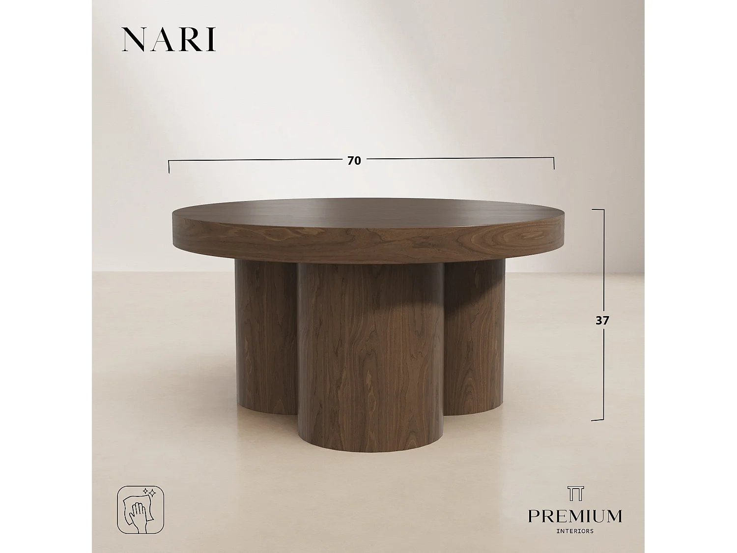 Table basse NARI en bois contreplaqué noyer foncé 70x70cm