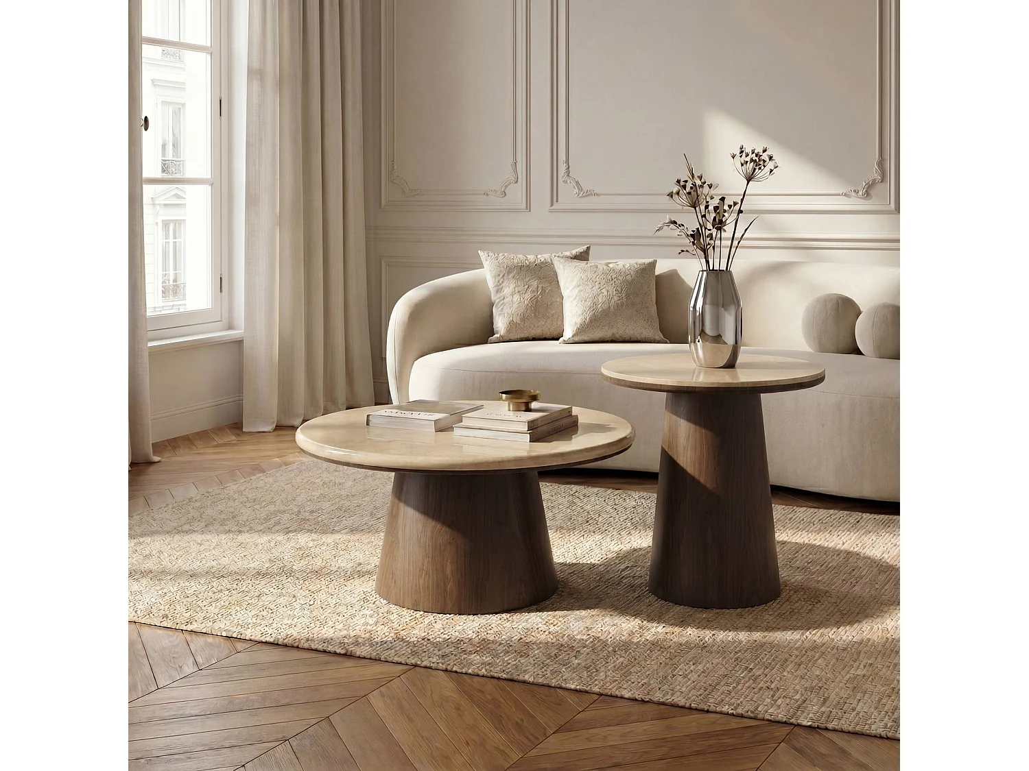Table basse VERO en bois contreplaqué et marbre marbre beige et noyer foncé