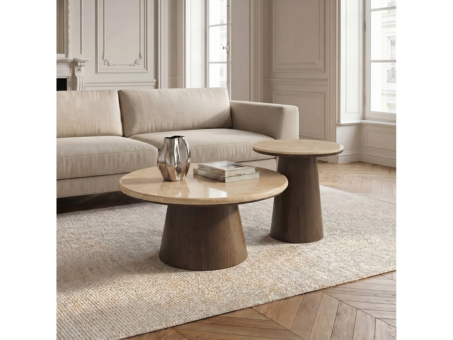 Table basse VERO en bois contreplaqué et marbre marbre beige et noyer foncé