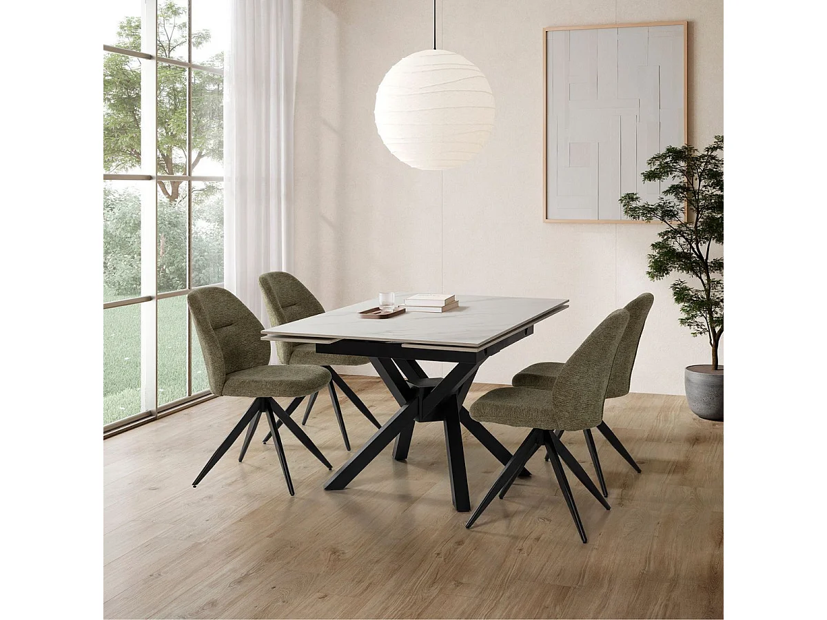 Table repas extensible en pierre frittée blanc pieds croisés métal noir - ARIETTE