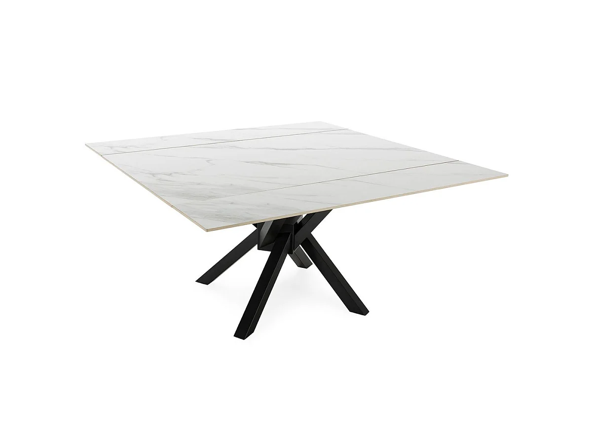 Table repas extensible en pierre frittée blanc pieds croisés métal noir - ARIETTE