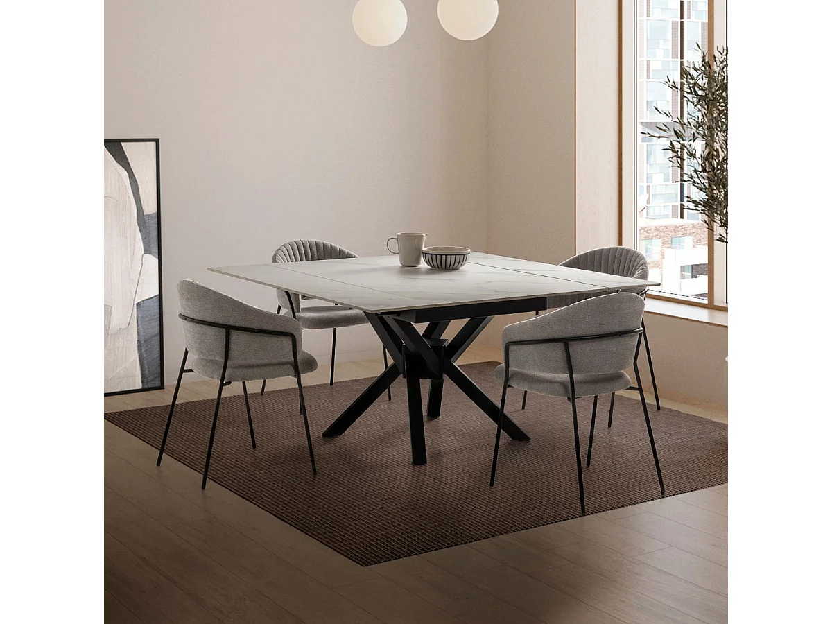 Table repas extensible en pierre frittée blanc pieds croisés métal noir - ARIETTE