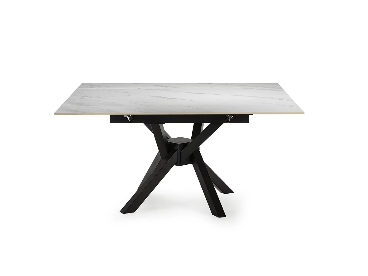 Table repas extensible en pierre frittée blanc pieds croisés métal noir - ARIETTE