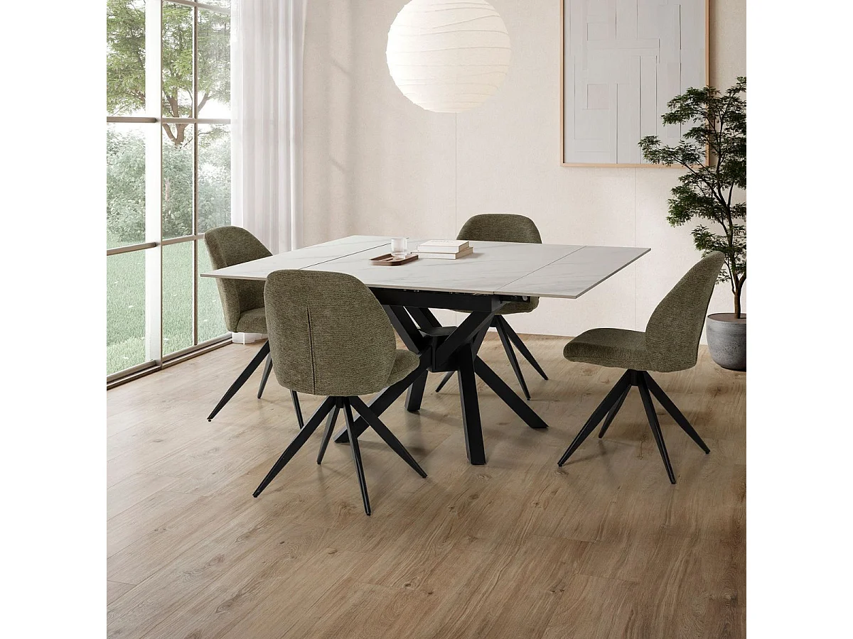 Table repas extensible en pierre frittée blanc pieds croisés métal noir - ARIETTE