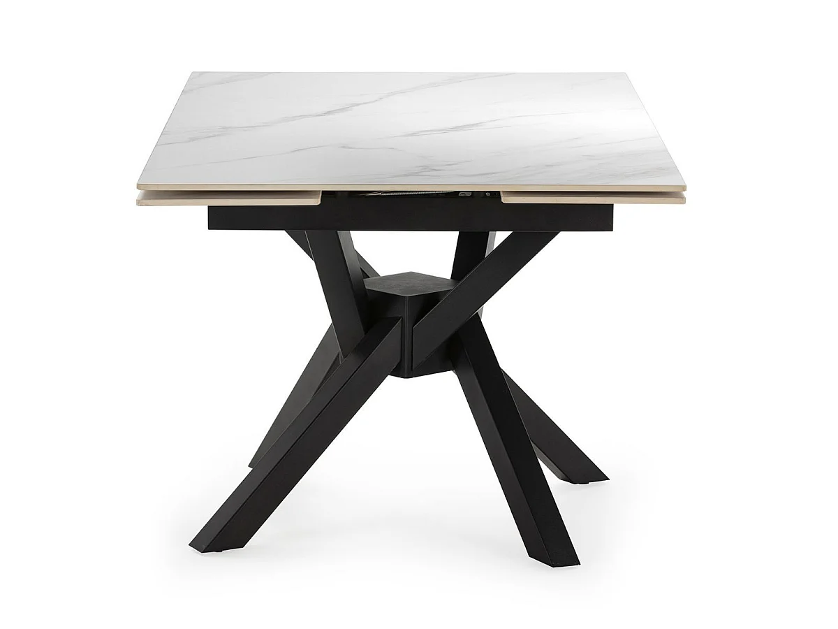 Table repas extensible en pierre frittée blanc pieds croisés métal noir - ARIETTE