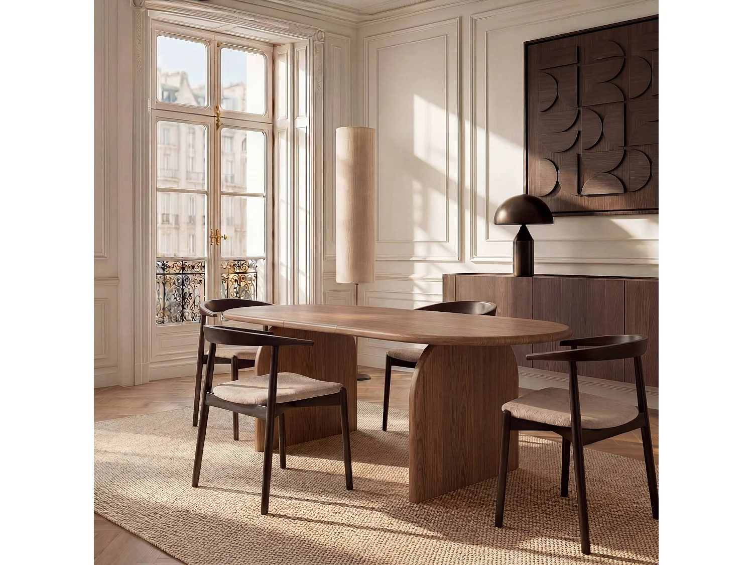 Table à manger extensible BRIA en bois contreplaqué noyer clair 220x100cm