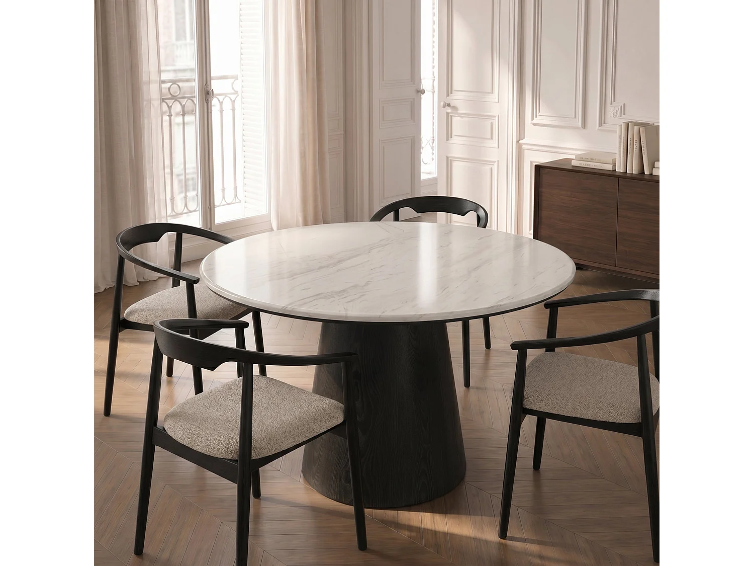 Table à manger VERO en bois contreplaqué et marbre marbre blanc et bois noir 120x120cm