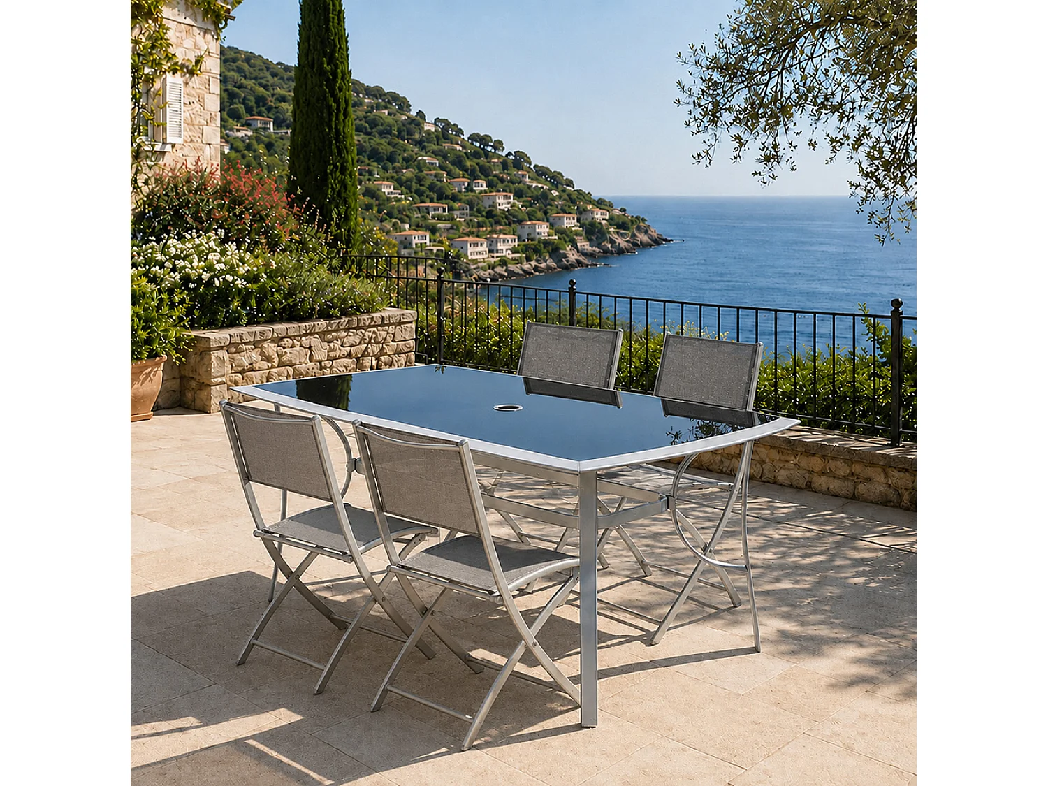 Moderne Grijze Tuinmeubelset met 150 cm Tafel + 4 Opklapbare Stoelen