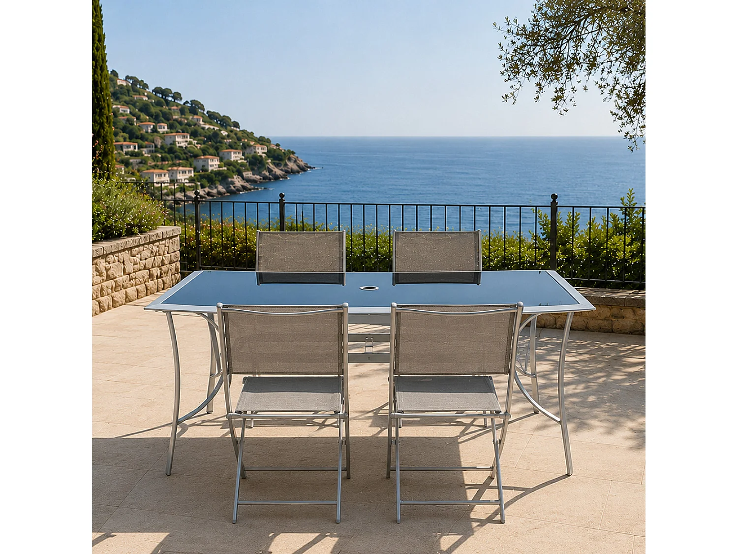 Moderne Grijze Tuinmeubelset met 150 cm Tafel + 4 Opklapbare Stoelen
