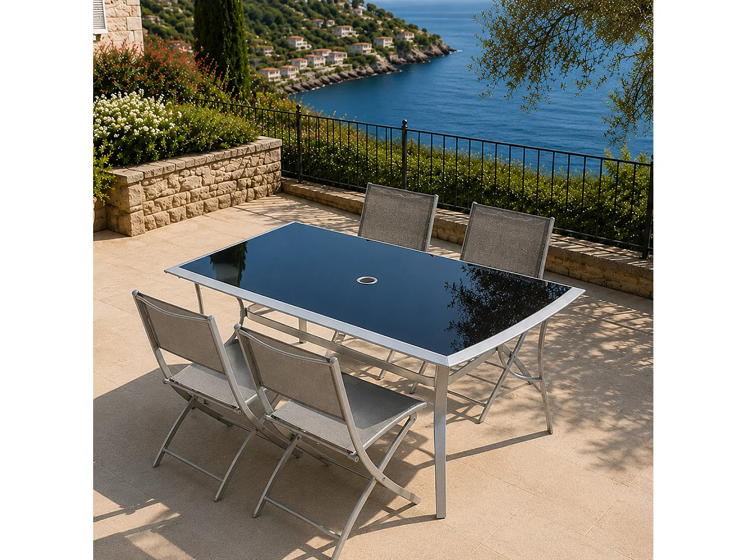 Moderne Grijze Tuinmeubelset met 150 cm Tafel + 4 Opklapbare Stoelen