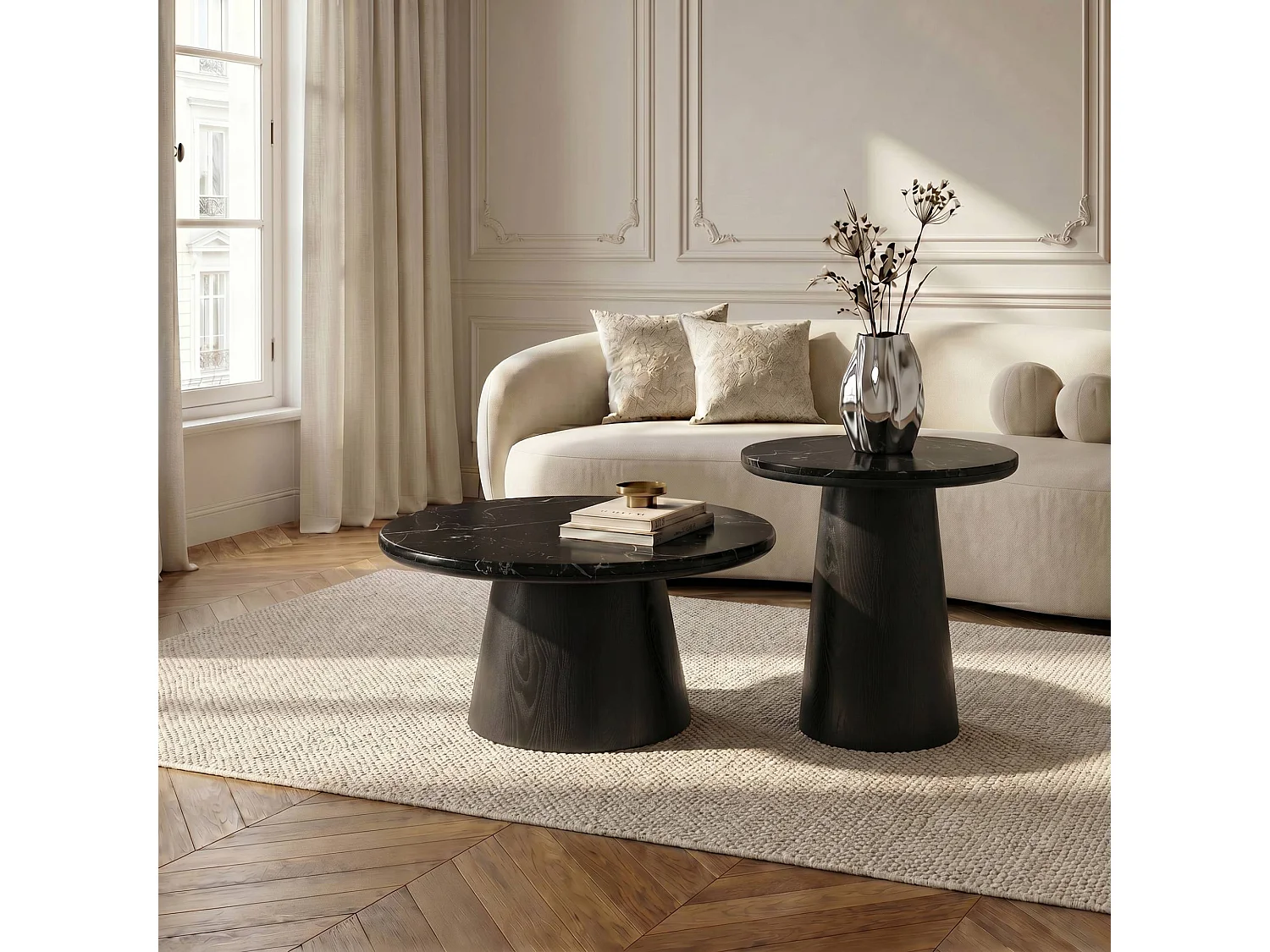 Table d'appoint VERO en bois contreplaqué et marbre marbre noir et bois noir