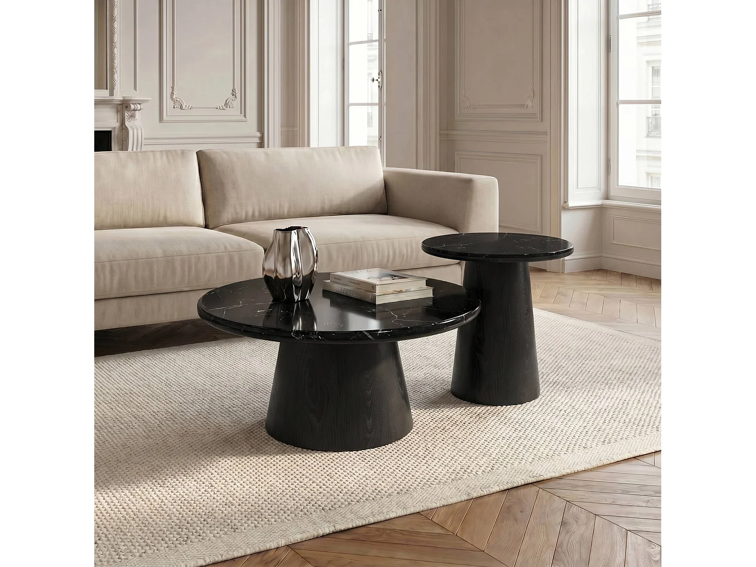 Table d'appoint VERO en bois contreplaqué et marbre marbre noir et bois noir