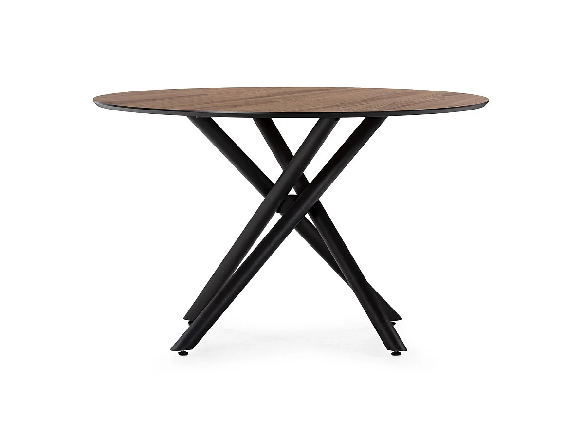 Table repas ronde Ø120cm MDF aspect chêne pieds croisées métal noir - AMAEL