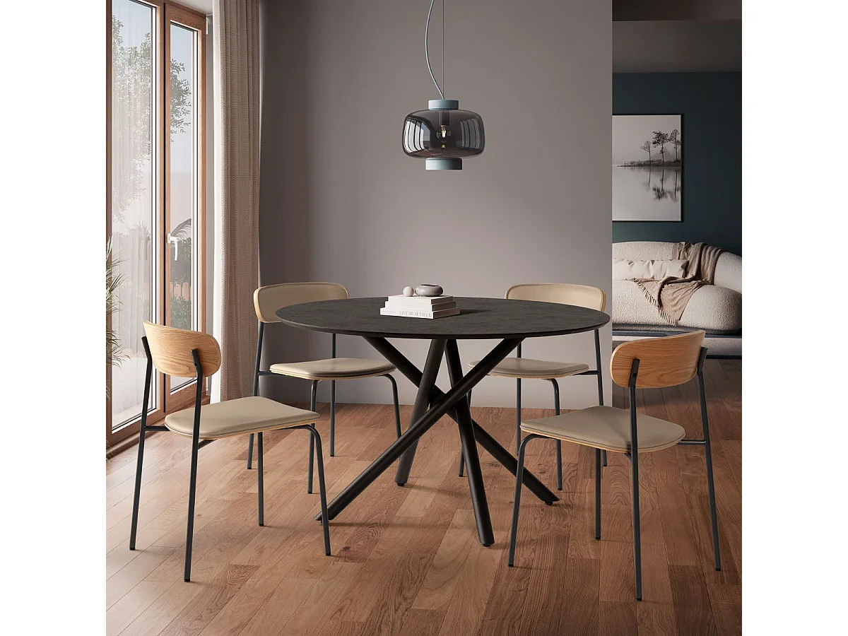 Table repas ronde Ø120cm MDF aspect pierre noire pieds croisées métal noir - AMAEL