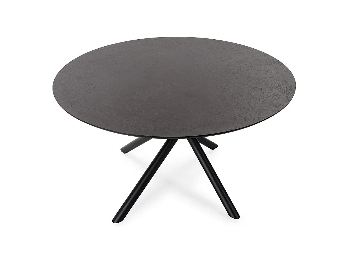 Table repas ronde Ø120cm MDF aspect pierre noire pieds croisées métal noir - AMAEL