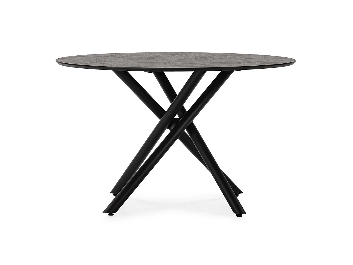 Table repas ronde Ø120cm MDF aspect pierre noire pieds croisées métal noir - AMAEL