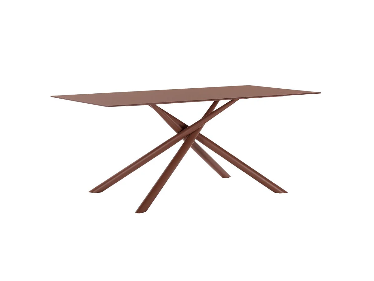 Table repas rectangulaire 180cm plateau en verre trempé et pieds croisés métal terracotta - AXELLE