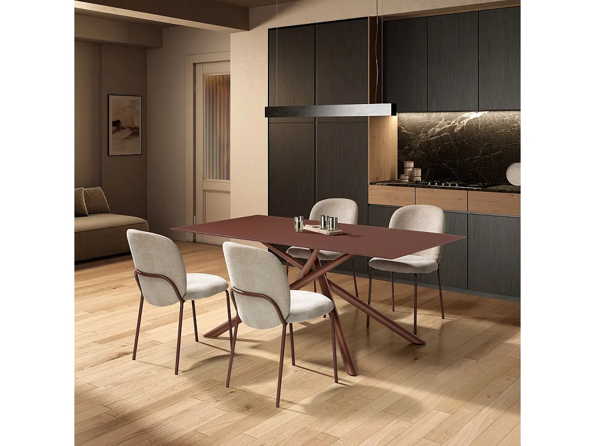 Table repas rectangulaire 180cm plateau en verre trempé et pieds croisés métal terracotta - AXELLE